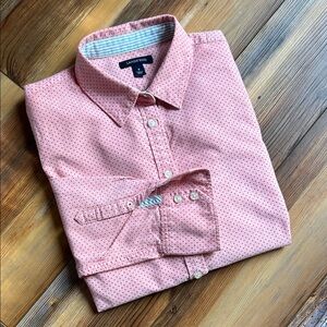 Lands' End women's pink button-up shirt with a polka dot pattern.